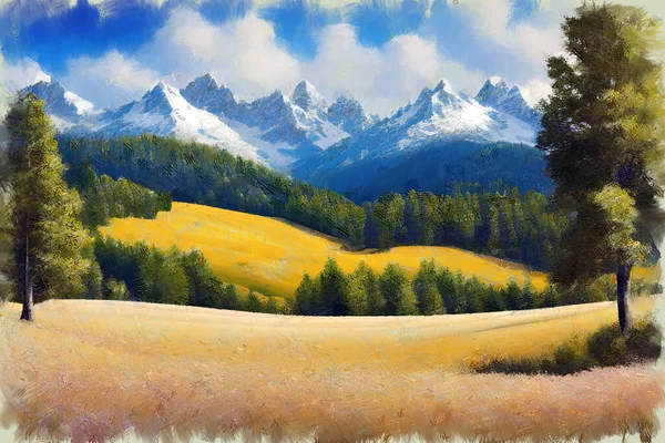 カラフルな芝生のフィールドと風光明媚な山の風景の近代的な印象派の油絵スケッチ 山麓の森と背景にピークをマウントします 田舎の風景の私自身のデジタルアートイラスト — ストック写真