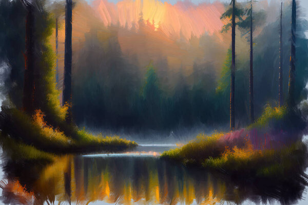 Modern impressionist oil painting sketch of tranquil woodland landscape with calm river stream flow among dark forest thicket at sunset. My own digital art illustration of desolate wilderness place.