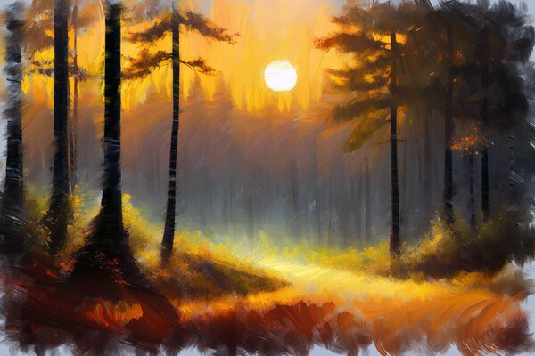 Expressive oil painting sketch of picturesque woodland landscape with scenic sunset on edge of deep fir forest in autumn colors. My own digital art illustration of solitude wilderness place.
