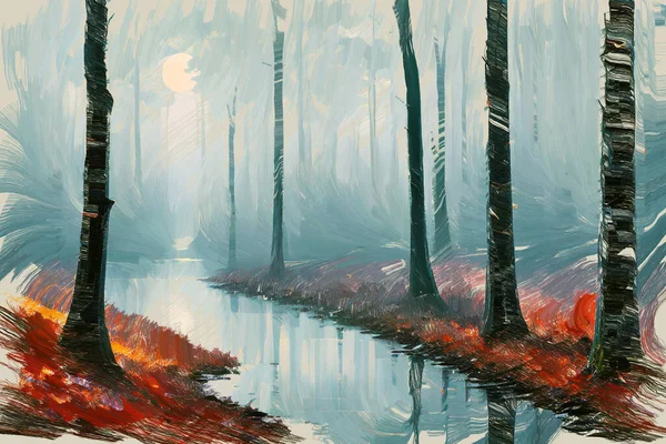 现代印象派油画素描 描绘了雾蒙蒙的秋林间清澈的河流流淌的风景秀丽的林地风景 我自己的数字艺术展示宁静的荒野之地 — 图库照片