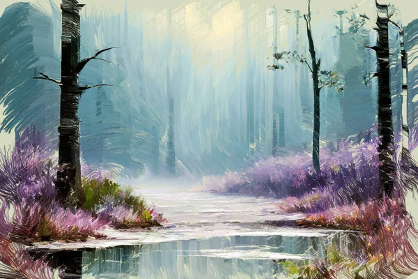 Живописный Ручной Рисунок Лесного Пейзажа Пышными Фиолетовыми Цветами Цветущими Травами — стоковое фото