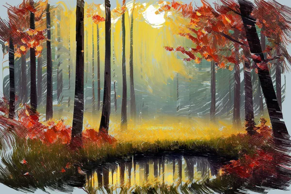 Modern Expressive Oil Painting Sketch Picturesque Woodland Landscape Small Still — Stock Photo, Image