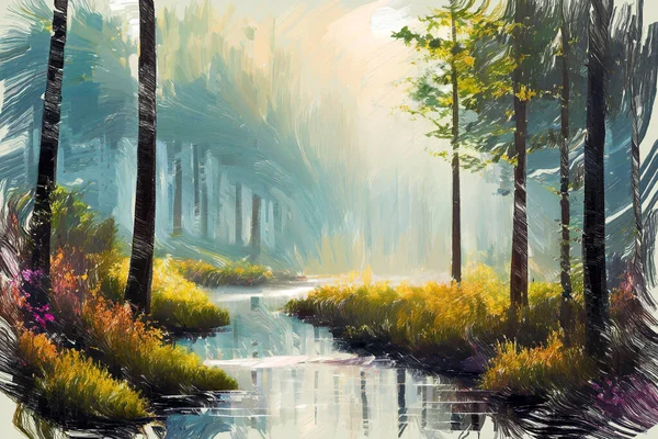 Moderno Boceto Pintura Óleo Impresionista Paisajes Forestales Pacíficos Con Flujo —  Fotos de Stock