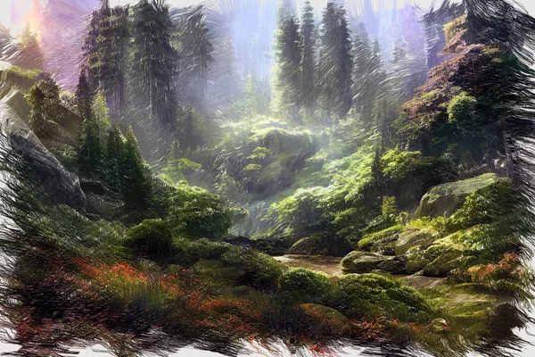 Pintura Óleo Expressiva Esboço Paisagem Pitoresca Bosque Com Pequeno Riacho — Fotografia de Stock