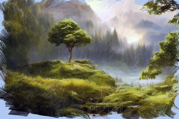 Modern Expressive Oil Painting Sketch Scenic Woodland Landscape Single Lush — Stock Photo, Image