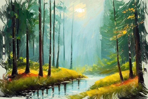 午前中に松林の端に穏やかな川の流れと美しい森の風景のカラフルな油絵スケッチを表現 風光明媚な自然シーンの私自身のデジタルアートイラスト — ストック写真
