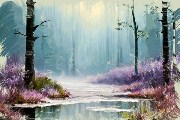 夏の穏やかな森の川の岸に沿って緑豊かな紫色の花や開花ハーブと絵の手のスケッチの森の風景を描いた 風光明媚な自然の私自身のデジタルアート絵画イラスト — ストック写真