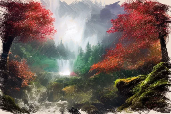 ふもとの森の端にカラフルな秋の木の間で川の流れの滝と絵の森の風景の表現油絵スケッチ 平和的な性質の私自身のデジタルアートイラスト — ストック写真