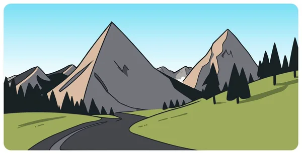 丘陵やモミの森の中のピークをマウントするための道路と抽象的な山の風景のフラットグラフィックベクトルイラスト 自然景観やハイキング観光のためのシンプルな装飾漫画のコンセプト — ストックベクタ