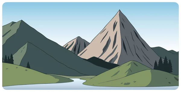山麓の川と背景の鋭い三角山のピークシルエットを抽象的な山の風景のフラットベクトルイラスト 自然景観のシンプルな装飾グラフィックロゴコンセプト — ストックベクタ