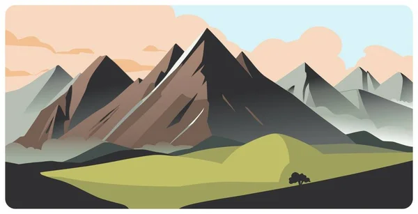 Επίπεδη Γραφική Διανυσματική Απεικόνιση Αφηρημένου Ορεινού Τοπίου Πράσινους Πρόποδες Και — Διανυσματικό Αρχείο