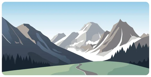 緑の麓を介して道路と抽象的な山の風景のフラットグラフィックベクトル図雪の山のピークをかぶった 自然景観やハイキング観光のためのシンプルな装飾漫画のコンセプト — ストックベクタ