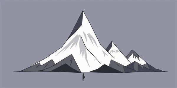 抽象的な山の風景のシンプルな黒と白のグラフィックベクトルイラストで 灰色の背景に雪をかぶったマウントピークシルエット 登山やハイキング観光のためのフラット漫画のデザイン — ストックベクタ