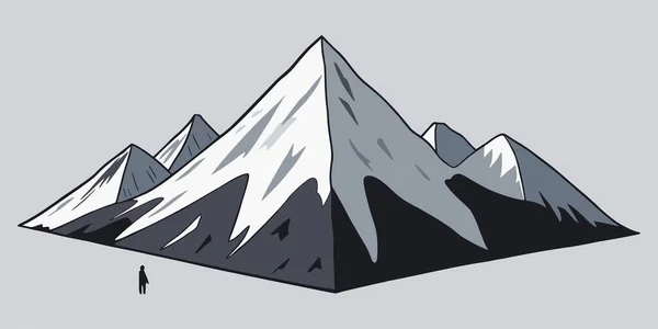 雪に覆われた三角形のピークとマウント範囲と抽象的な雪の山の風景の漫画黒と白のグラフィックベクトルイラスト 登山やハイキング観光のためのシンプルなフラットスケッチ要素 — ストックベクタ