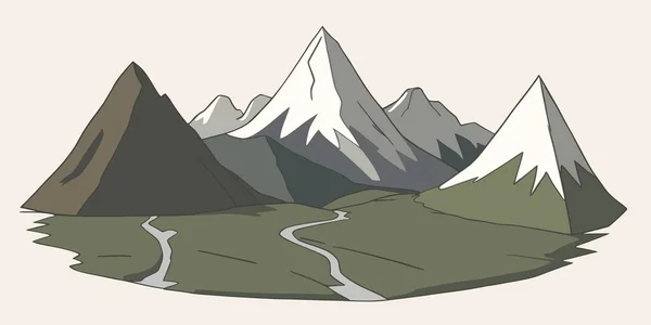実装面積の一部と抽象的な山の風景のフラットグラフィックベクトルイラストは 雪に覆われたピークに麓が含まれています 登山やハイキング観光のためのシンプルな漫画のデザインスケッチ — ストックベクタ