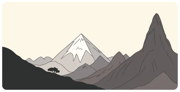 雪に覆われた三角形のピークと鋭いマウント範囲のシルエットと抽象的な山の風景の手描きのグラフィックベクトルイラスト セピア調のシンプルなフラット漫画のスケッチデザイン古いスタイル — ストックベクタ