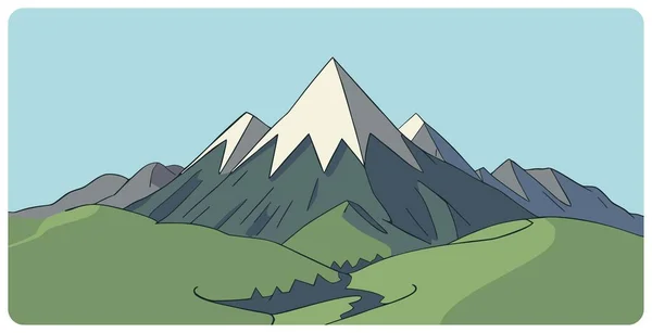 緑の丘陵と鋭い三角形の雪の山のピークと抽象的な山の風景のシンプルな手描きの漫画のベクトルイラスト 自然景観やハイキングのための平らなグラフィックスケッチの概念 — ストックベクタ