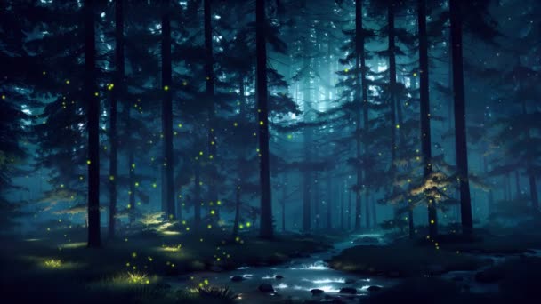 Luzes Pirilampo Fada Sobrenaturais Que Voam Sobre Pequeno Riacho Floresta — Vídeo de Stock