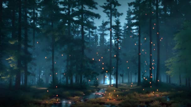 Geheimnisvoller Dunkler Wald Mit Magischen Übernatürlichen Glühwürmchen Die Nebliger Nacht — Stockvideo