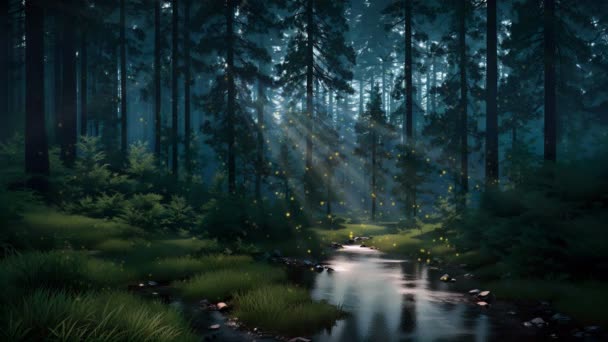 Чарівні Надприродні Вогняні Ліхтарі Ширяють Над Лісовою Річкою Серед Силіконів — стокове відео