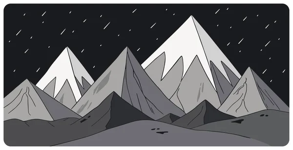 シンプルな平らな黒と白のグラフィックベクター エイリアン惑星の抽象的な山の風景のイラスト 雪に覆われたピークと夜空に対する範囲のシルエット 漫画手描きスケッチ — ストックベクタ