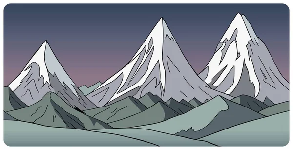シンプルな手描きのグラフィックベクターイラスト グリーンフォースルと夕方の空に向かって鋭い三角雪山の山頂と抽象山の風景 自然の風景のフラット漫画スケッチ — ストックベクタ