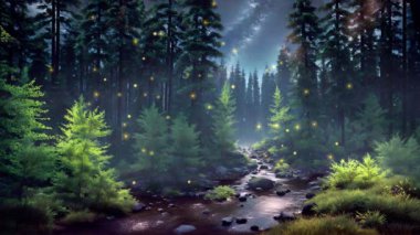 Karanlık, gizemli sisli bir gecede orman nehrinin üzerinde çam ağaçlarının arasında süzülen sihirli doğaüstü ateş böceği ışıkları. Hiç kimsenin fantezi kurmadığı orman manzarası 4K ile yapılmış 3D animasyon