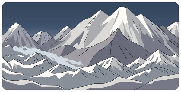 手描きの平らなグラフィックベクター スノーキャップされた三角ピークと鋭いマウント範囲のシルエットで抽象的な山の風景のイラスト ブルーグレー色のシンプルな漫画のスケッチデザイン — ストックベクタ