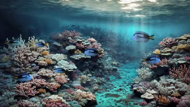 充满热带鱼类和五彩缤纷的海洋植物的生动的水下场景在珊瑚礁的海底清澈的海水中 用4K渲染美丽的海底背景3D动画 — 图库视频影像