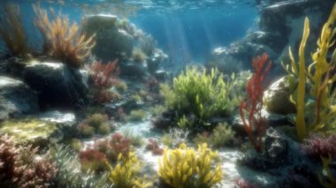 Tropikal mercan resifleri ve deniz tabanındaki temiz turkuaz suda renkli deniz bitkilerinin olduğu sualtı sahnesi veya akvaryum ve yüzeyden gelen güneş ışınları. 4K olarak hazırlanan 3B denizaltı animasyonu