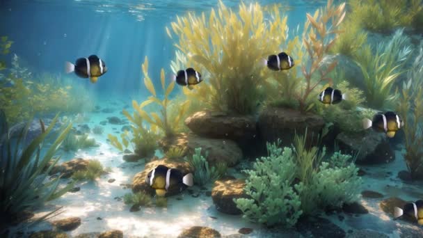 Close Cena Subaquática Com Escola Clownfish Yellowtail Entre Plantas Aquáticas — Vídeo de Stock