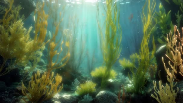 Близько Під Водою Сцена Водними Рослинами Водорості Бульбашки Чистій Мілководді — стокове відео