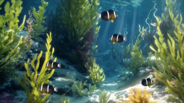海底または熱帯水族館のきれいな浅い水の海藻の植物間の黄色いテールのクラウンフィッシュの学校と水中撮影を閉じます 4Kでレンダリングされた海底背景3Dアニメーション — ストック動画