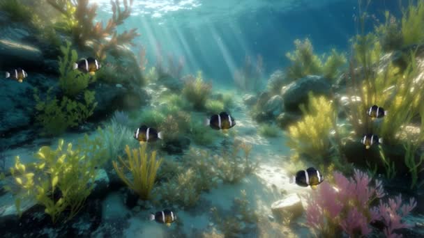 Escena Submarina Tranquila Con Escuela Payasos Cola Amarilla Sobre Arrecife — Vídeos de Stock