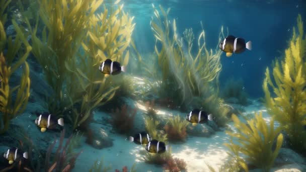 海底または熱帯水族館のきれいな浅い水の海藻の植物間の黄色いテールのクラウンフィッシュの学校との水中シーンを閉じます 4Kでレンダリングされた海底背景3Dアニメーション — ストック動画