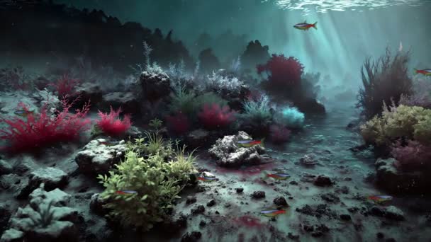 黑暗的水下场景 在海底或热带水族馆深处的珊瑚礁上方的海洋植物中 有成群的霓虹灯鱼 Gloomy海底背景3D动画 — 图库视频影像