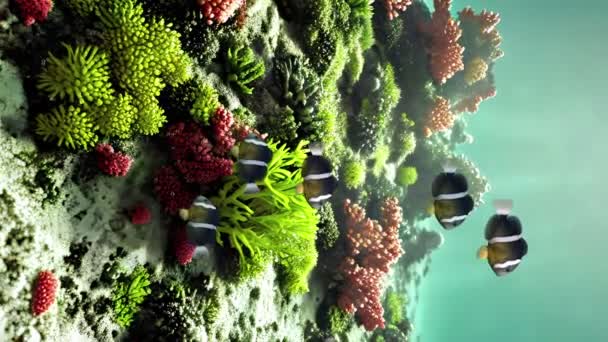 在海底浅海或热带水族馆的珊瑚礁上的海洋植物中 水下背景与黄尾鱼群的近照垂直拍摄 海底场景3D动画 — 图库视频影像