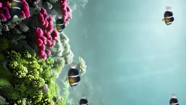 在海底浅海或热带水族馆珊瑚礁上五彩斑斓的海洋植物中 垂直拍摄黄尾鱼群的水下背景 海底场景3D动画 — 图库视频影像