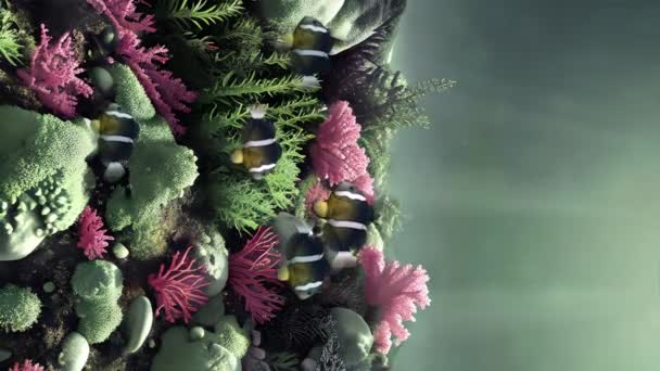 Närbild Undervattensscen Med Gulstjärt Clownfisk Skola Bland Färgglada Vattenlevande Växter — Stockvideo