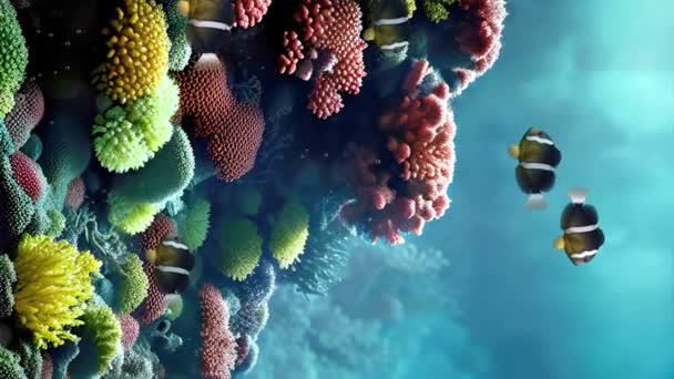 海底または熱帯水族館のきれいな水のサンゴ礁のカラフルな海洋植物の間の黄色いテールのクラウンフィッシュの背景の縦のビデオ アンダーウォーターシーン3Dアニメーション — ストック動画