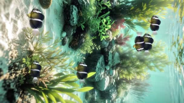 在珊瑚礁上的水生植物中 在海底或热带水族馆清澈的碧绿海水中 与一群黄尾鱼垂直拍摄水下场景 海底背景3D动画 — 图库视频影像