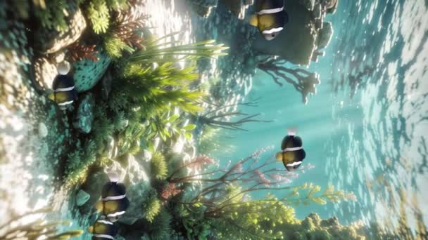 在海底浅水或热带水族馆的珊瑚礁上的海洋植物中 有着黄尾鱼群的美丽水下场景的垂直视频 海底背景3D动画 — 图库视频影像