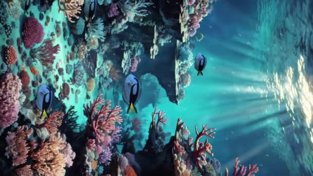 在海底清澈碧绿的海水中 与热带鱼类和五彩斑斓的海洋植物在珊瑚礁上的水下场景的垂直视频 美丽的海底背景3D动画 — 图库视频影像