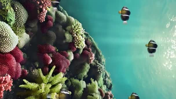 在热带珊瑚礁的彩色海洋植物中 在海底或水族馆的清洁水域中 与黄尾鱼群在水下紧密相连 垂直海底背景3D动画 — 图库视频影像