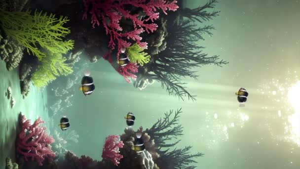 Vertikal Video Undervattensbakgrund Med Gulstjärt Clownfish Skola Bland Färgglada Vattenlevande — Stockvideo