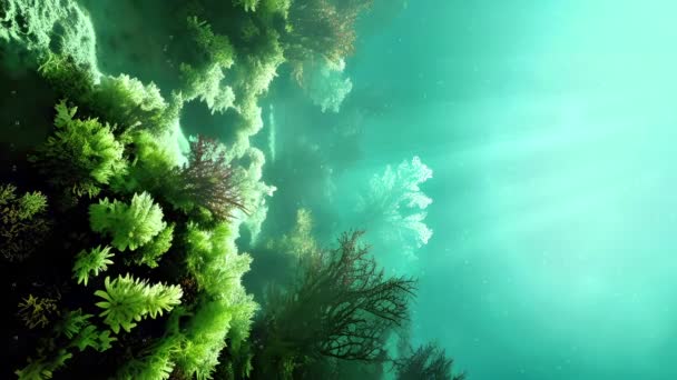 Vertical Video Tranquil Underwater Background Luminous Sea Organism Lights Seaweed — Stock Video