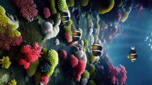 在海底清洁水域或热带水族馆珊瑚礁上五彩斑斓的海洋植物中的水下背景与黄尾鱼群的垂直视频 海底场景3D动画 — 图库视频影像