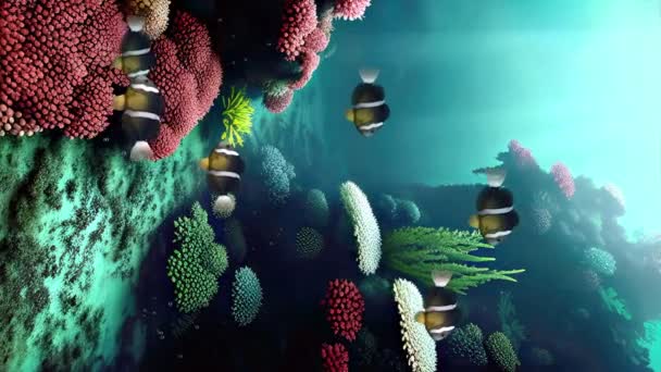 Pionowe Wideo Podmorskiego Tła Żółtoogoniastą Szkołą Klaunów Wśród Kolorowych Roślin — Wideo stockowe