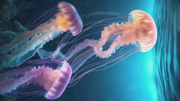 在清澈的碧绿海水中或热带水族馆中漂浮着奇异的五彩斑斓的水母 密切注视着水下的海洋生物场景 美丽的垂直海底背景3D动画 — 图库视频影像
