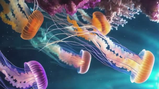 Vertikale Nahaufnahme Der Wunderschönen Unterwasserszene Mit Fantastischen Bunten Quallen Die — Stockvideo